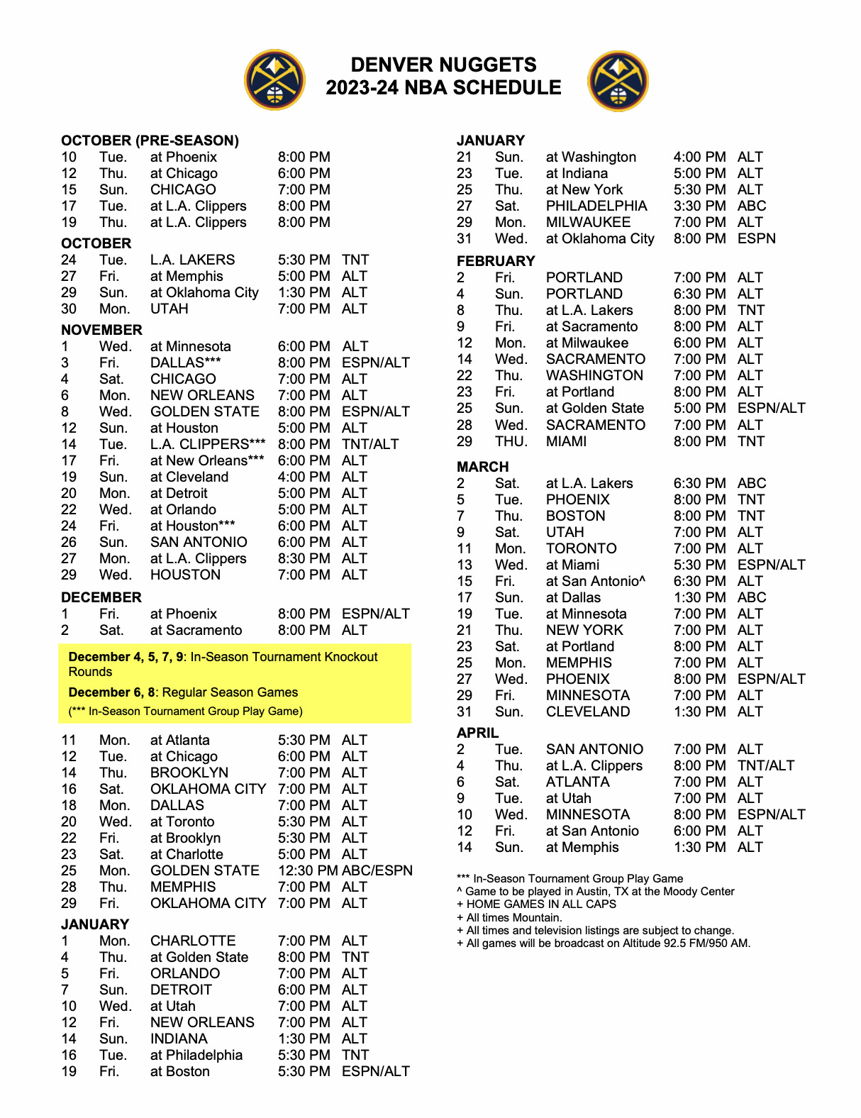 Denver Nuggets Schedule for the 2023-24 NBA Season